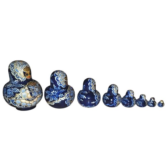 8 Nesting Dolls Russian Matryoshka Blue Gold Hand-Painted Artisan Signed - Picture 14 of 16